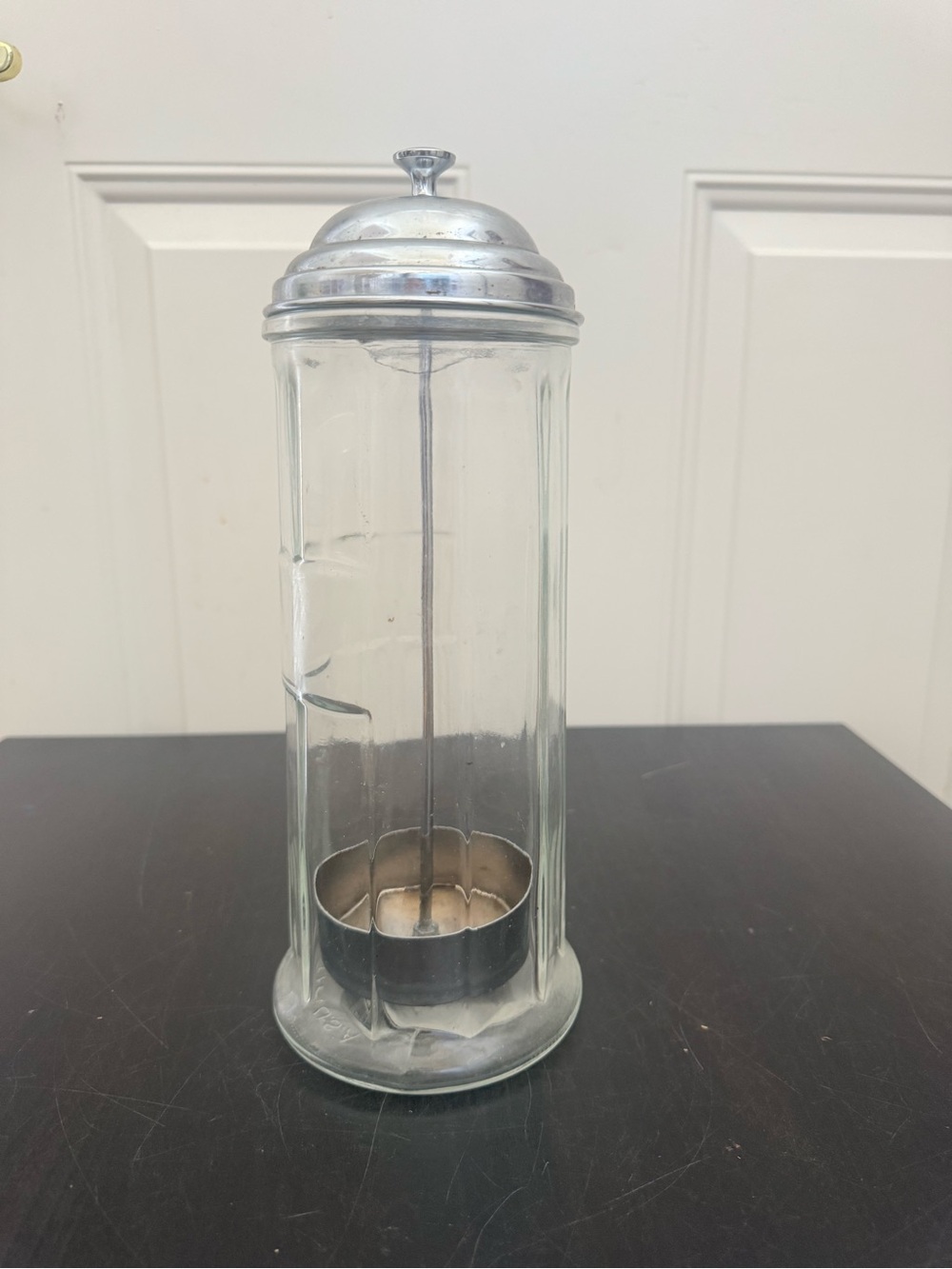 Vintage Clear Glass Straw Dispenser Silver Lid Made In USA